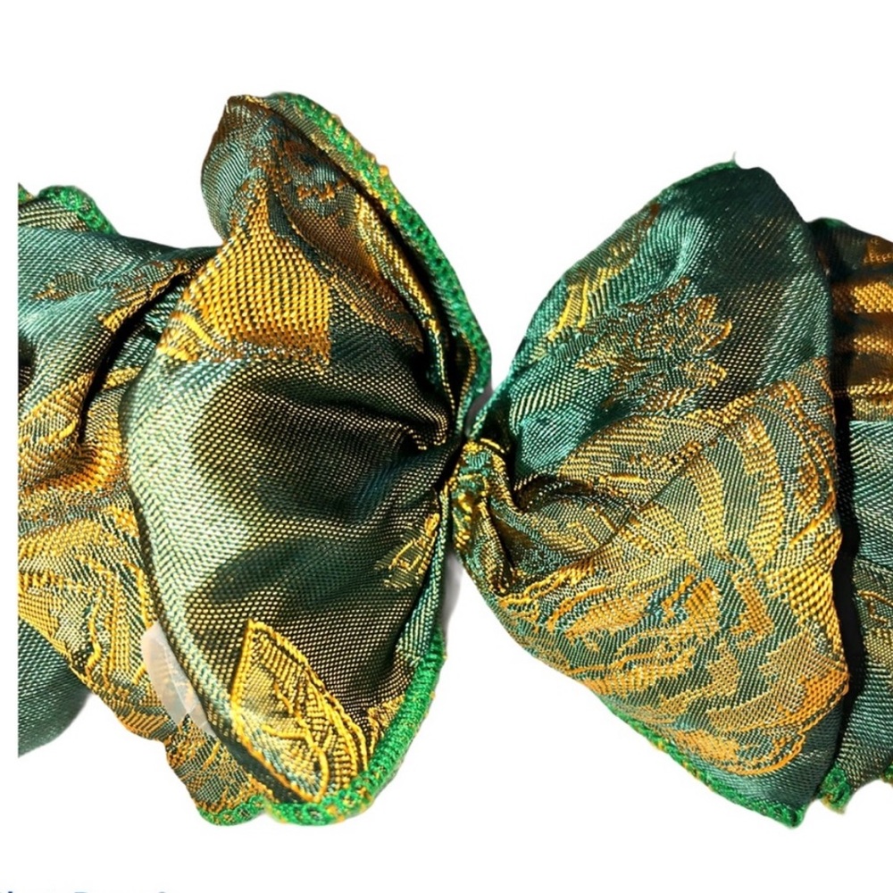 Handmade Big Hair Bow Asian Print Green Gold Metal Clip Barrette Vintage Persian